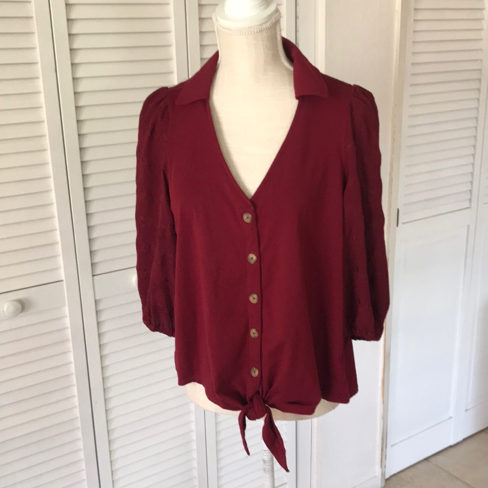 Anthropologie Burgundy Button-Front Tie-Hem Blouse